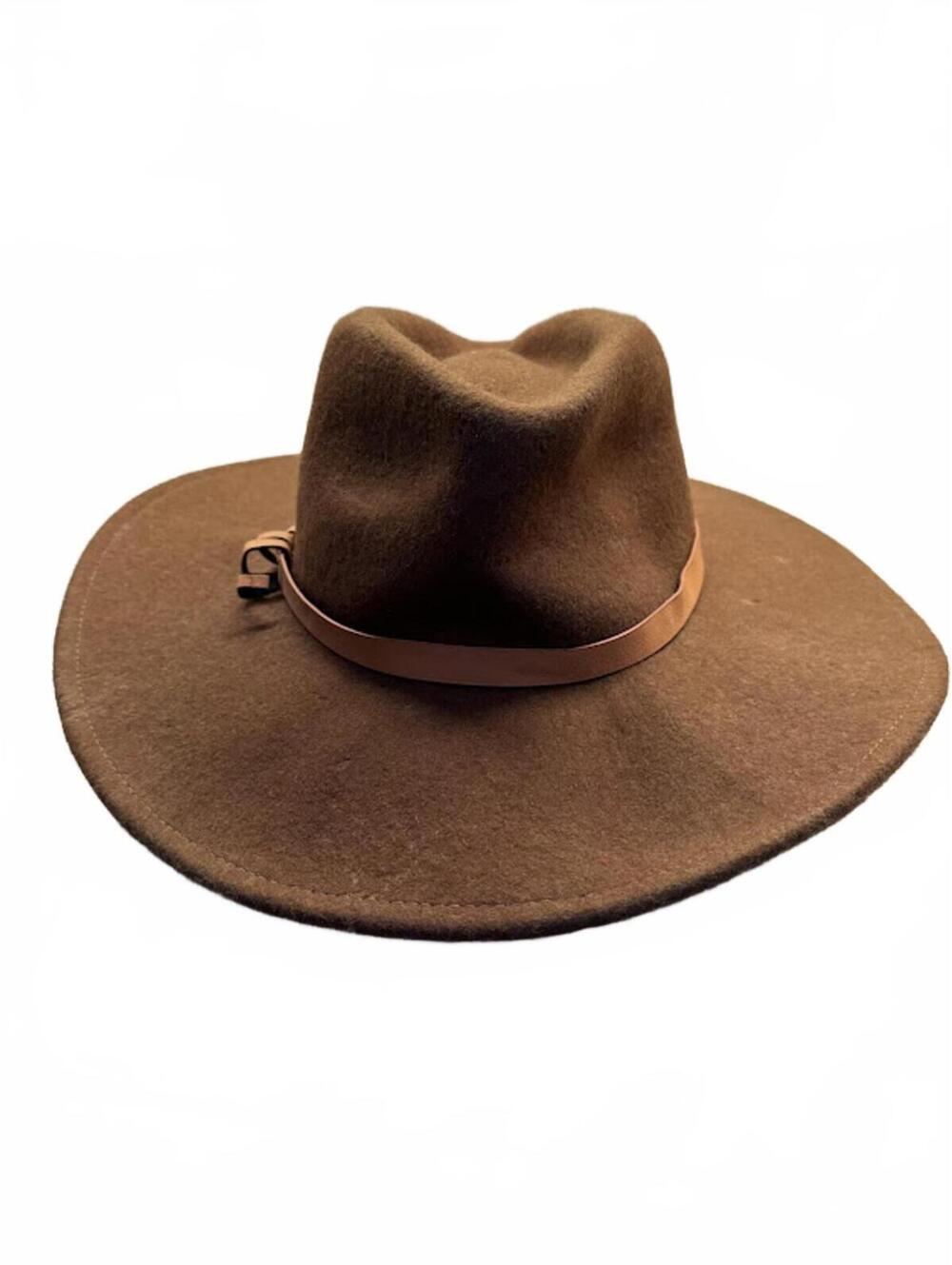 Brown Wool Felt Wide Brim Western Hat Pleather Band